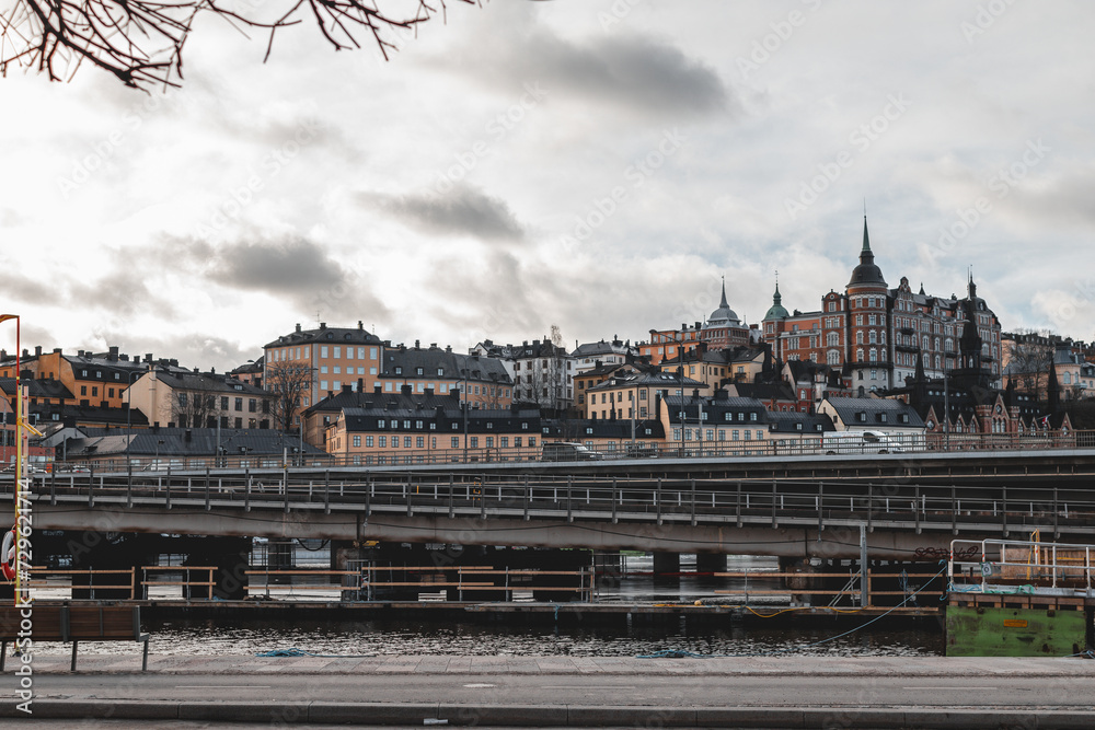 Beautiful view of a bridge above water in stockholm sweden.