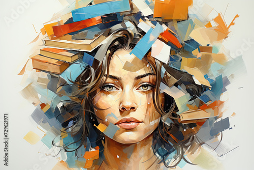Painting capturing a woman balancing a stack of books on her head, symbolizing an embodiment of intellect and exploration.