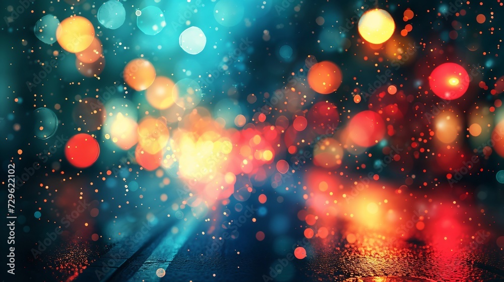 A vibrant tapestry of rain-splattered hues reflects off a city street at night.