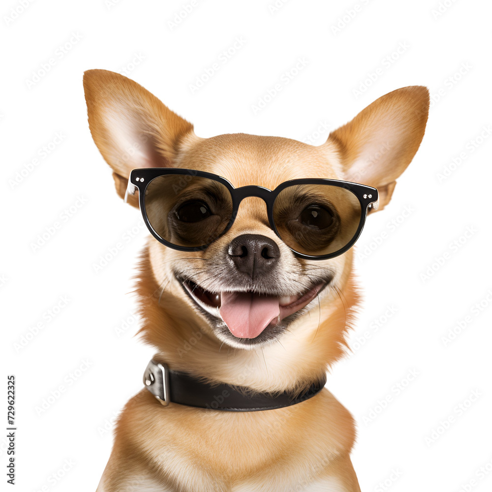 A happy dog in close up, a beautiful Chihuahua with sunglasses, ready for the summer beach, Isolated on Transparent Background, PNG
