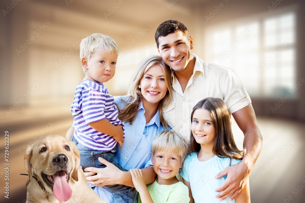 Happy young family with children and dog Happy young family with children and dog