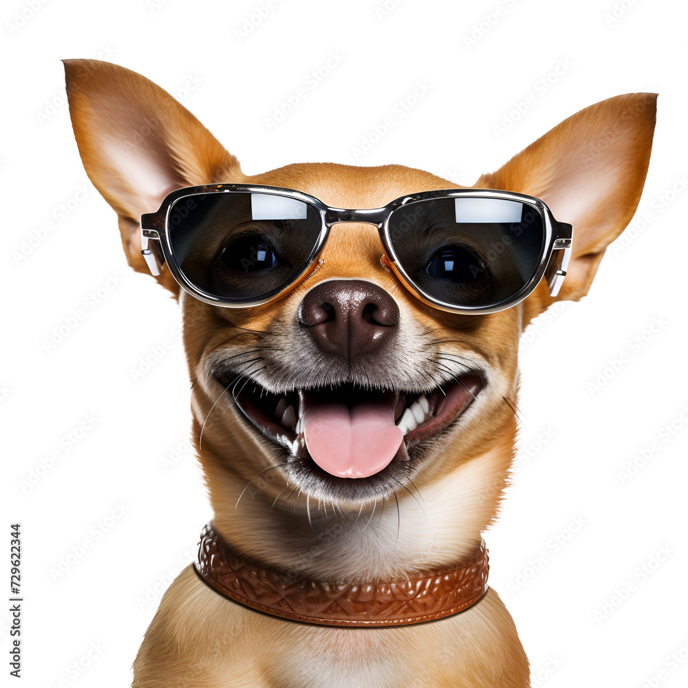 Ready for the summer beach, a close up of a happy Chihuahua dog with sunglasses looking beautiful, Isolated on Transparent Background, PNG