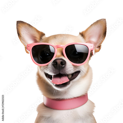 Close up of a beautiful Chihuahua, a happy dog ready for the summer beach with sunglasses, Isolated on Transparent Background, PNG
