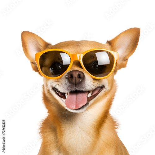 Summer beach ready, a close up of a beautiful Chihuahua, a happy dog with sunglasses, Isolated on Transparent Background, PNG © Giu Studios