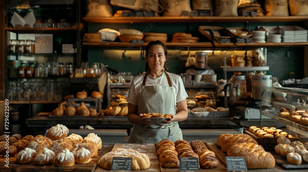 woman wearing an apron Selling fresh baked goods in the bakery generate ai woman wearing an apron Selling fresh baked goods in the bakery generate ai