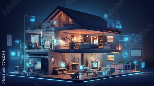 The concept of a "smart home" using remote controls and home control systems to monitor and control various functions of the home. © екатерина лагунова