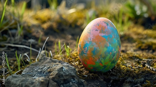  a painted egg sitting on top of a rock in the middle of a grass and dirt covered ground next to a rock and grass covered ground with rocks and weeds.