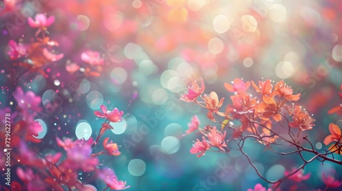  a blurry photo of a tree with pink flowers in the foreground and a blurry background of blue, red, and pink flowers in the foreground.