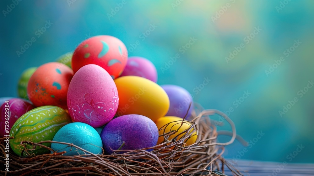a pile of colorful eggs sitting on top of a bird's nest in front of a blue and green background with a blue sky in the backround. a pile of colorful eggs sitting on top of a bird's nest in front of a blue and green background with a blue sky in the backround.