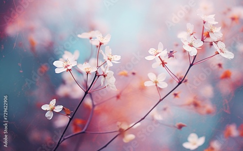  a close up of a bunch of white flowers on a branch with a blurry background of blue  pink  and white flowers in the middle of the foreground.