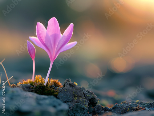 Saffron flowers emerging at dawn