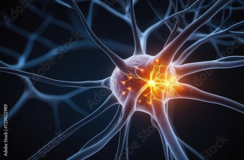 Neural network - images of neural cells. Synapse on dark background. View of interconnected neuron cells with electrical impulses. Structure of nerve cell. Neurons, neurosurgery, psychology, medicine