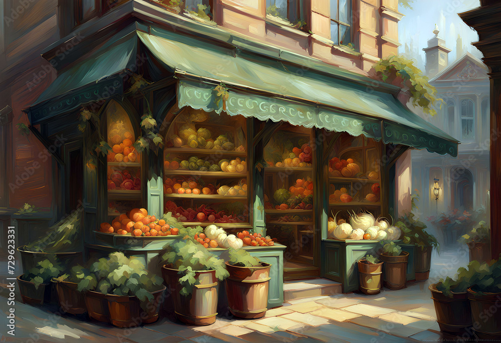 painting of the exterior of an old fashioned vegetable shop with products on display in the windows and outside in boxes