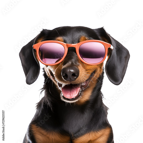 Close up of a summer beach ready, beautiful Dachshund (Teckel) happy with sunglasses, Isolated on Transparent Background, PNG