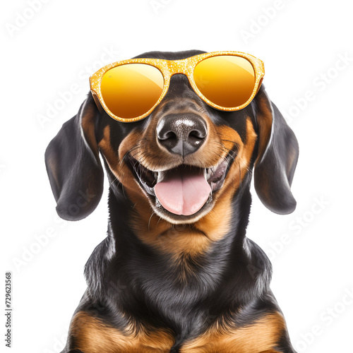 Beautiful close up of a happy Dachshund (Teckel) with sunglasses, ready for the summer beach, Isolated on Transparent Background, PNG
