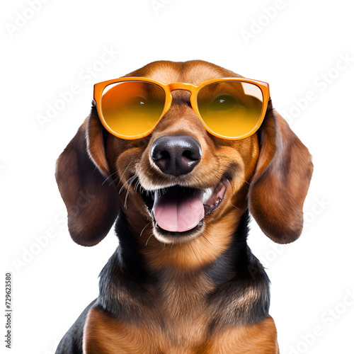 Dachshund (Teckel) with sunglasses, happy and beautiful in a close up, ready for summer beach, Isolated on Transparent Background, PNG