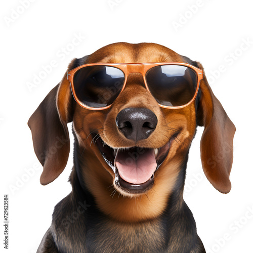 Summer beach ready Dachshund (Teckel), happy and beautiful with sunglasses in a close up, Isolated on Transparent Background, PNG