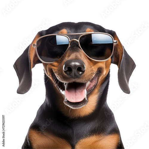 Summer beach ready, happy Dachshund (Teckel) with sunglasses in a beautiful close up, Isolated on Transparent Background, PNG