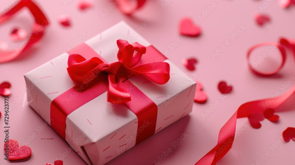 a white gift box with a red bow and a red ribbon on a pink background with red hearts and streamers of streamers of red and confetti. a white gift box with a red bow and a red ribbon on a pink background with red hearts and streamers of streamers of red and confetti.