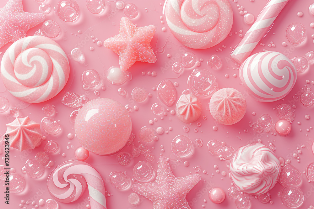 Sweet tasty background of light pink marshmallows, gummies and candies. Top view. Sweet tasty background of light pink marshmallows, gummies and candies. Top view.