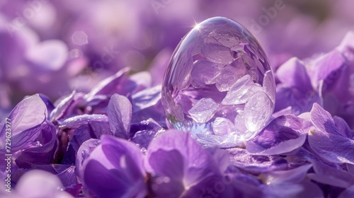  a glass egg sitting on top of a pile of purple flowers with water droplets on the inside of the egg and the inside of the egg in the middle of the egg.