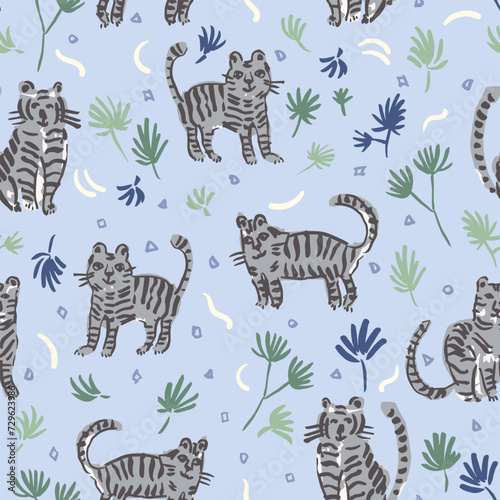 All over seamless vector repeat pattern with happy doodle tigers in blues and grays. Cute funny kids backdrop for boy nursery, clothes, packaging