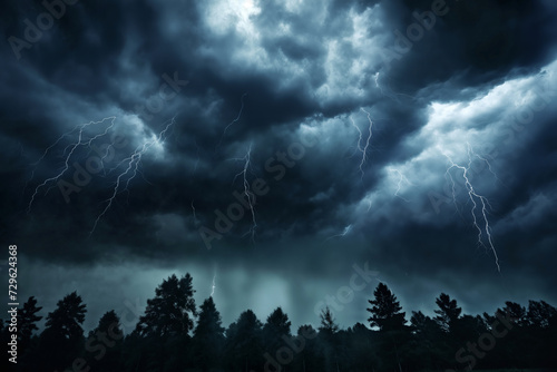night forest landscape  dark dramatic stormy sky with lightning and cumulus clouds for abstract background