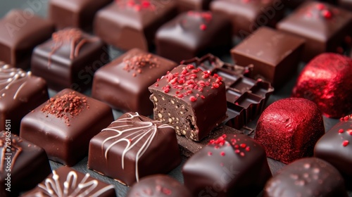  a table topped with lots of chocolates covered in red sprinkles and a red christmas ornament on top of each of each of the chocolate.