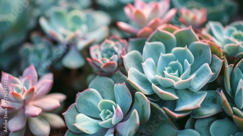  a close up of a bunch of succulents in a planter filled with lots of green and pink succulents next to each other succulents.