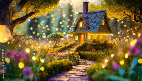 magical garden with rural fairy house