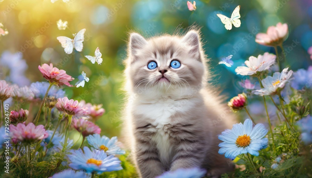 happy kitten sitting around different flowers and flying butterflies in a sunny garden