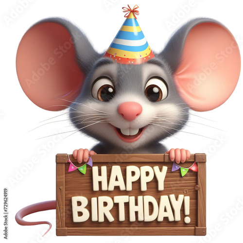 Cute Animal 3D Mouse Holding 'Happy Birthday' Board and Wearing Party Cap Cartoon: Isolated on Transparent Background - Clipart PNG Sticker Design	 photo