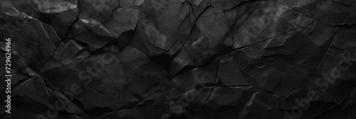 Wide black stone background banner wallpaper design. Dark rock grunge texture. Mountain surface close-up cracked empty copy space