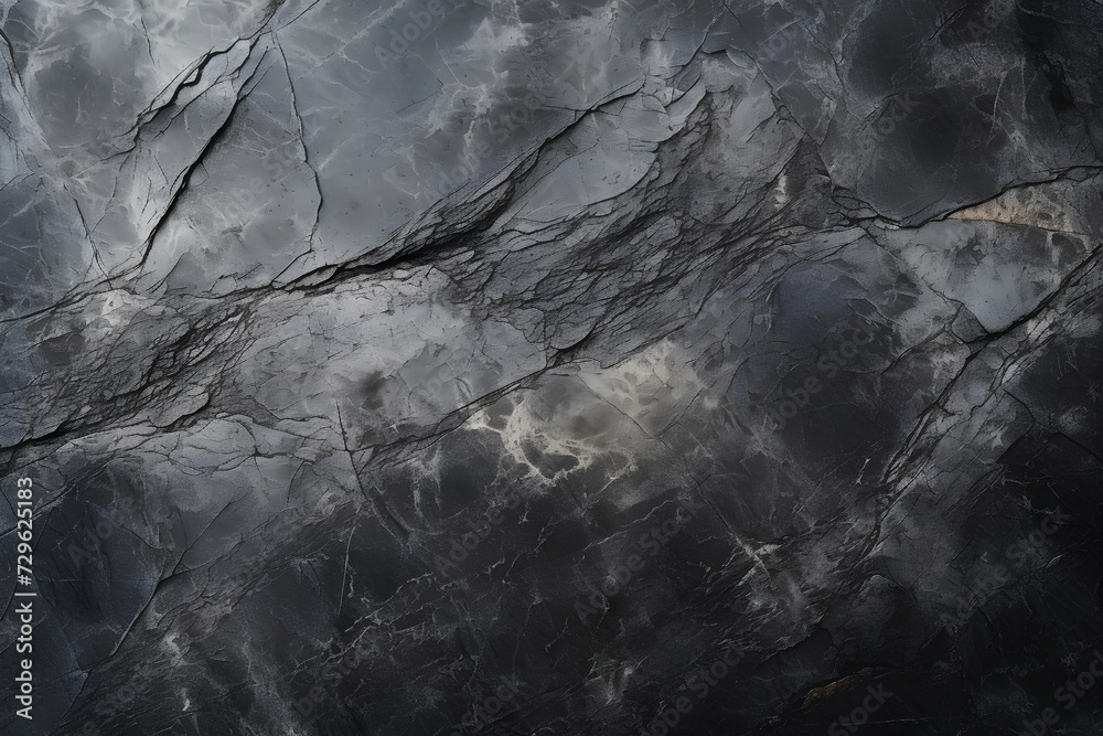 Black stone background for banner wallpaper design. Dark rock grunge texture. Mountain surface close-up cracked empty copy space