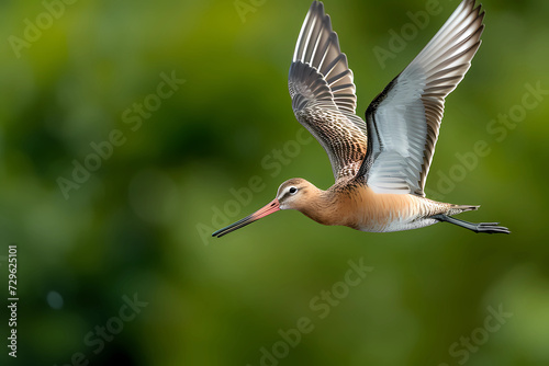 With graceful wings outstretched against the endless expanse of sky, a Bar-tailed Godwit soars in majestic flight, embodying the spirit of boundless freedom and migratory wanderlust photo