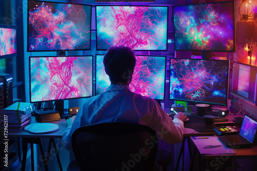 Beautiful Male Computer Engineer and Scientists Create Neural Network at His Workstation Office is Full of Displays Showing 3D Representations of Neural Networks