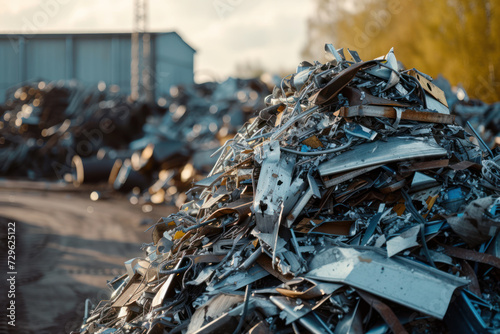 Pile of scrap metal at recycling plant photo
