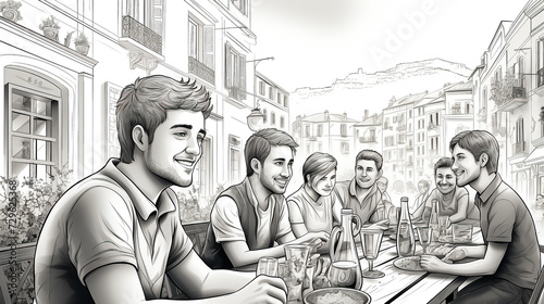 Street cafe with tables and chairs in the old mediterranean town. Sketch illustration for coloring book. © milicenta