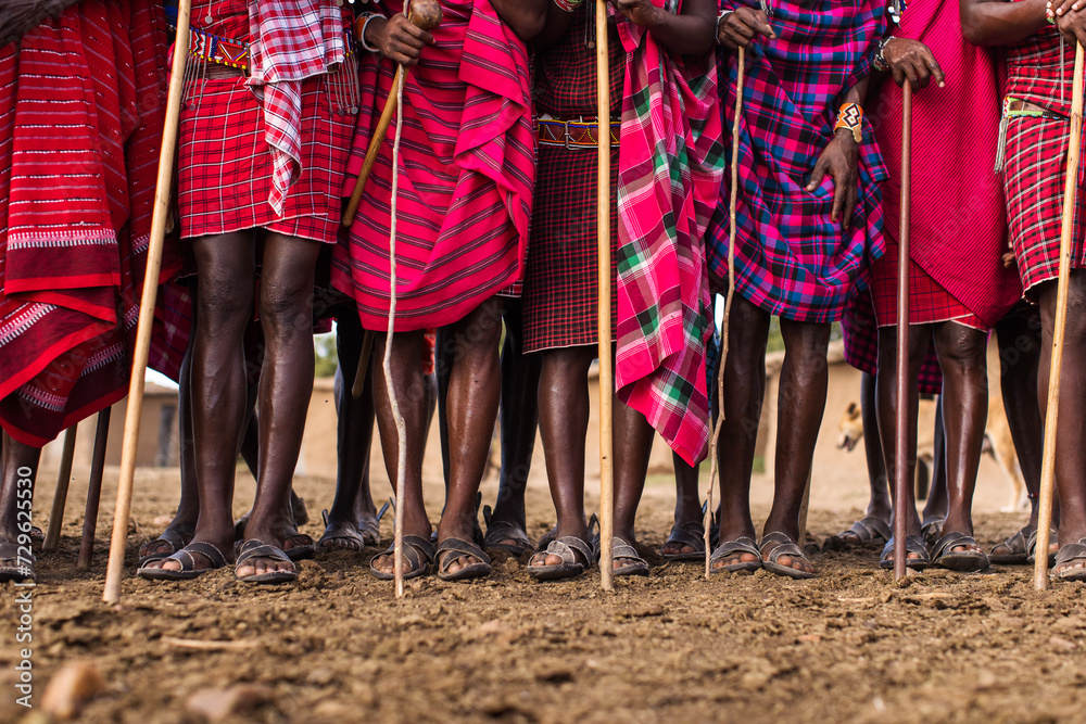Maasai people legs with colorful dress in Kenya - obrazy, fototapety, plakaty 