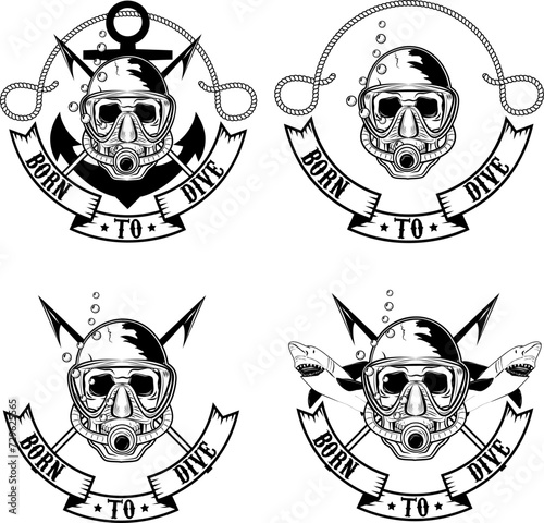 Born to dive. Set of diving emblems and badges.