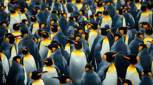  a large group of penguins standing next to each other in the middle of a field of yellow and black penguins, all facing the same direction of the same direction.