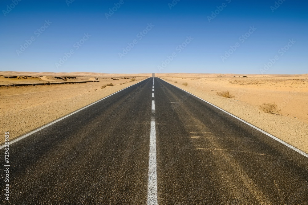 Empty desert road leading towards horizon under clear blue sky in arid landscape