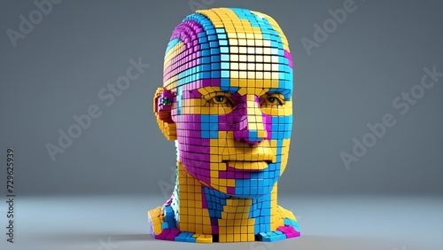 Voxel digital human head illustration artificial abstract, face 3d, tech virtual, design background 3d digital human heada