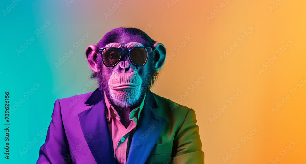 a monkey wearing glasses and a jacket. Monkey wearing a business suit, sunglasses in yellow neon background. in the style a monkey wearing glasses and a jacket. Monkey wearing a business suit, sunglasses in yellow neon background. in the style