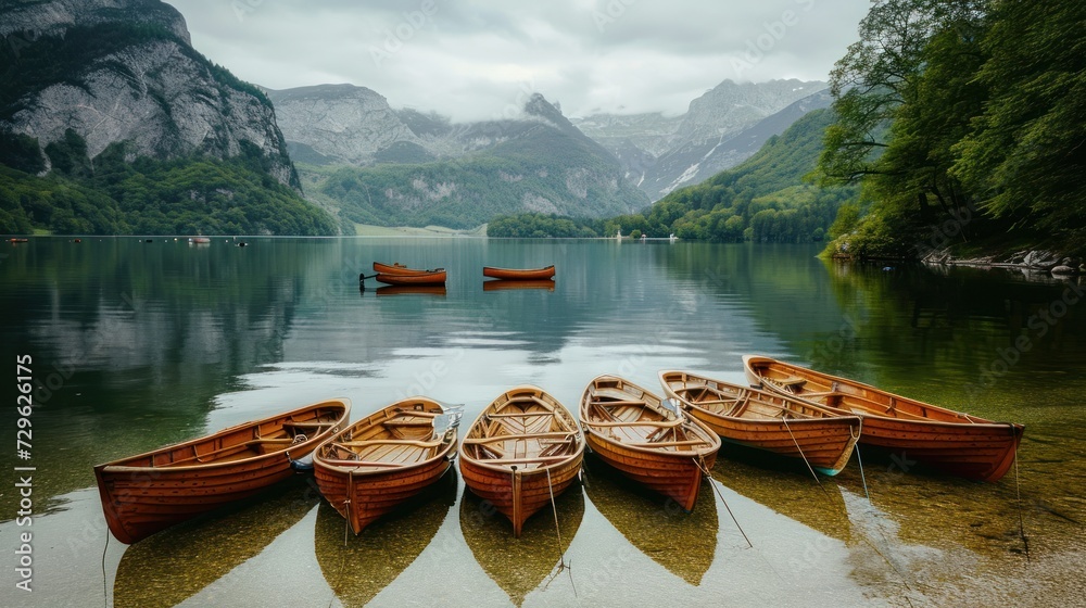  a group of boats sitting on top of a lake next to a lush green forest covered mountain covered in a cloud covered sky with low hanging low hanging over the water.
