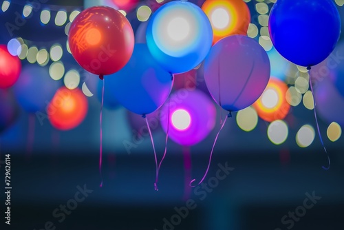 Scattered balloons in a blue room lit by neon lights, a festive scene with a contemporary twist
