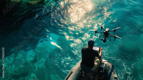 Man operating a drone over clear ocean waters from an inflatable boat