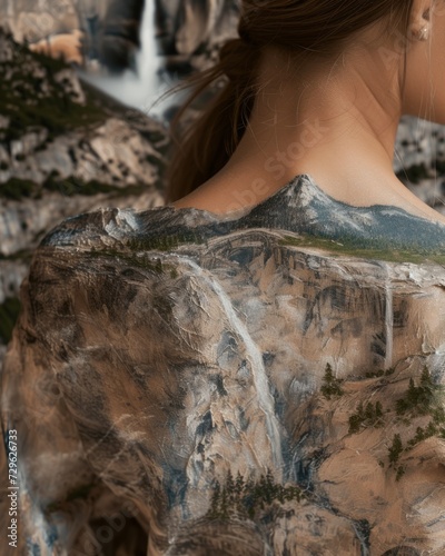 Artistic body paint of mountainous landscape on woman's back photo