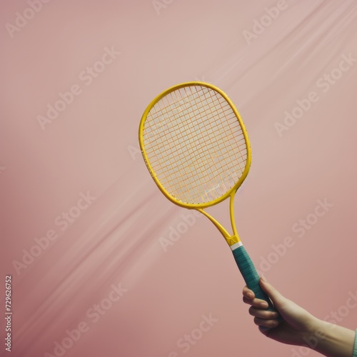 Vibrant yellow badminton racket on a pink gradient background, showcasing the beauty of sports equipment in a creative presentation © Breezze
