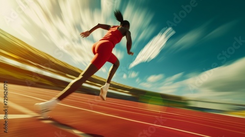 Motion blur of a female sprinter on the track, capturing the essence of speed, competition, and dynamic sports action